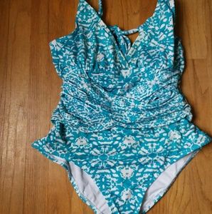 Blue and white printed one piece bathing suit